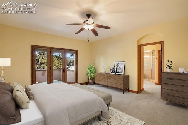 carpeted bedroom featuring access to exterior and ceiling fan