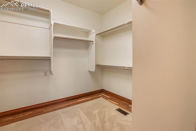 walk in closet featuring light colored carpet