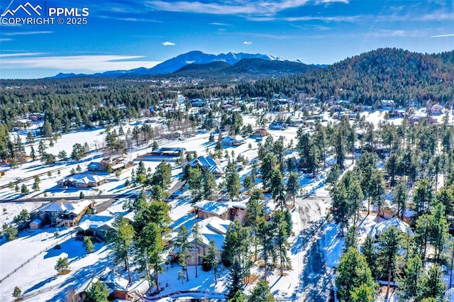 snowy aerial view featuring a mountain view