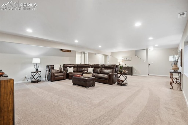 living room featuring light carpet