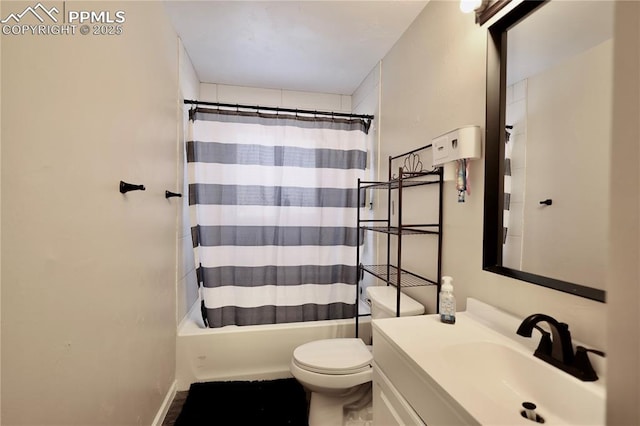 full bathroom with toilet, vanity, and shower / bath combo with shower curtain