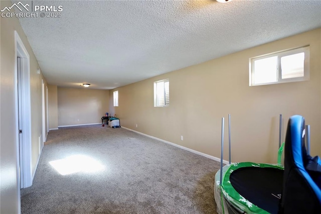 basement featuring carpet floors and a textured ceiling