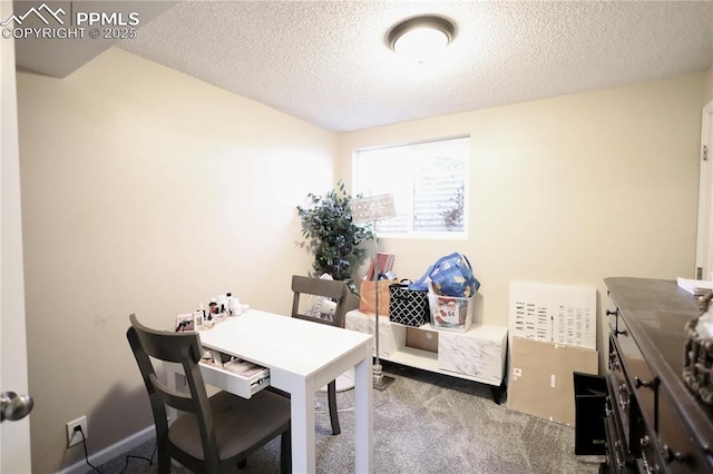 carpeted dining area featuring a textured ceiling