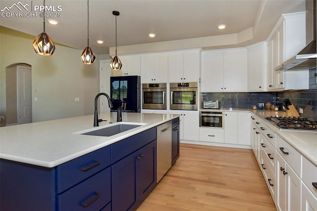 kitchen featuring appliances with stainless steel finishes, white cabinetry, wall chimney range hood, blue cabinetry, and sink