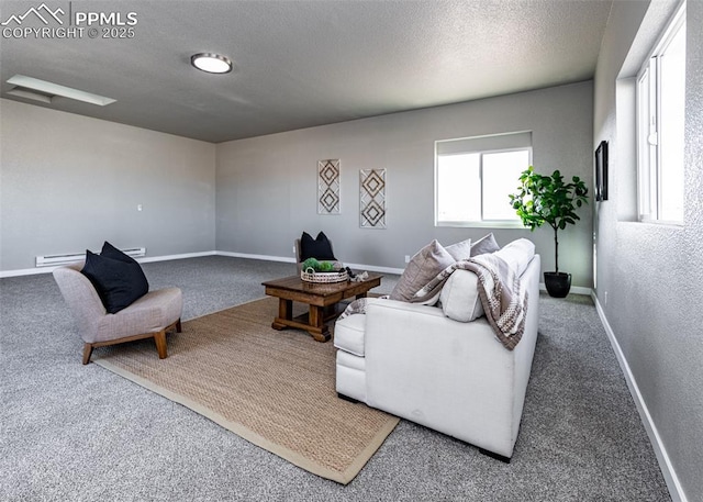 carpeted living room with a baseboard radiator and a textured ceiling