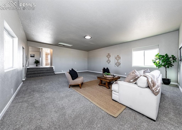 carpeted living room featuring a textured ceiling