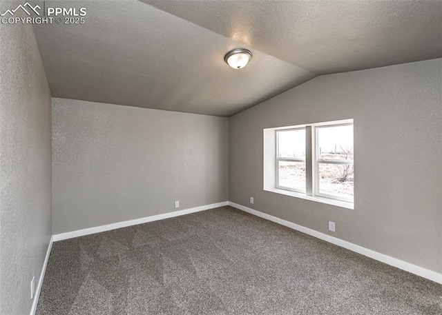 bonus room featuring lofted ceiling, carpet flooring, and a textured ceiling