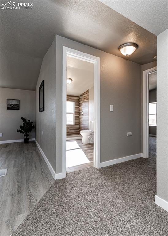 hallway featuring lofted ceiling, a textured ceiling, carpet floors, and rustic walls