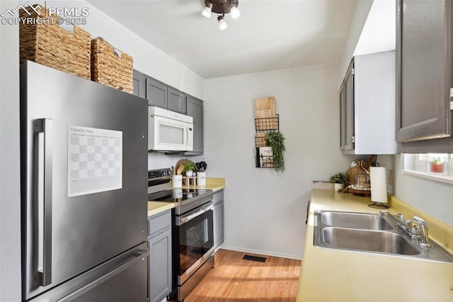 kitchen featuring gray cabinetry, sink, light hardwood / wood-style floors, and appliances with stainless steel finishes