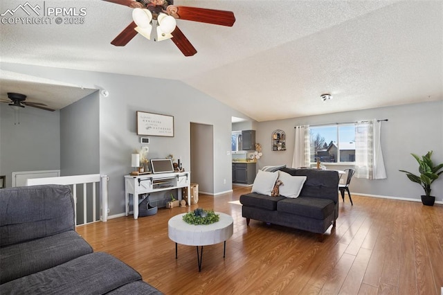 living room featuring lofted ceiling, hardwood / wood-style floors, and a textured ceiling