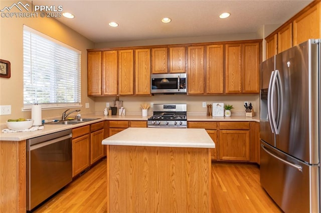 kitchen featuring stainless steel appliances, light hardwood / wood-style floors, a kitchen island, and sink