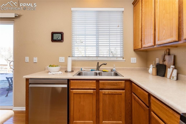 kitchen with hardwood / wood-style flooring, sink, and stainless steel dishwasher