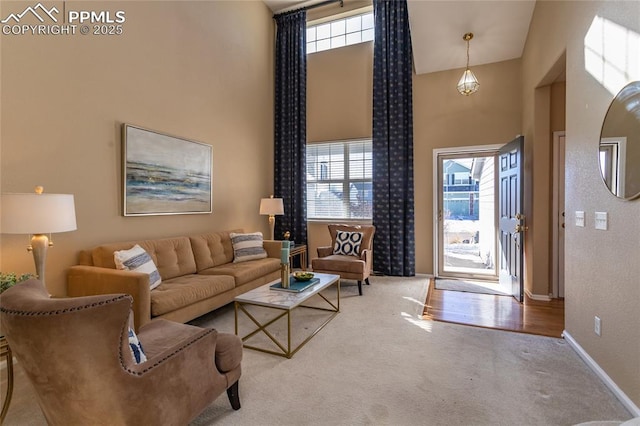 living room with carpet and a high ceiling