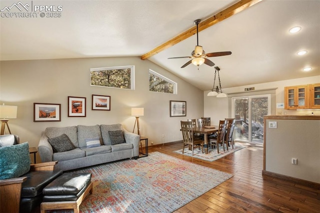 living room with ceiling fan, wood-type flooring, beam ceiling, and high vaulted ceiling