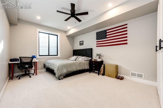 carpeted bedroom featuring ceiling fan