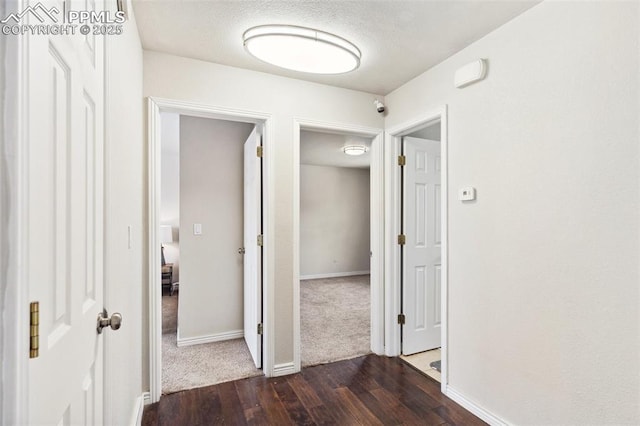 hallway with a textured ceiling and dark hardwood / wood-style flooring