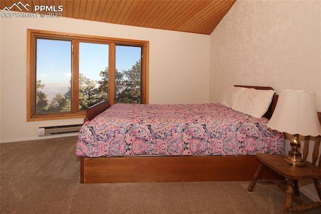 carpeted bedroom featuring wooden ceiling and a baseboard heating unit