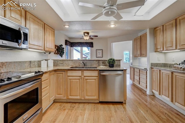 kitchen featuring a healthy amount of sunlight, appliances with stainless steel finishes, sink, and light brown cabinets