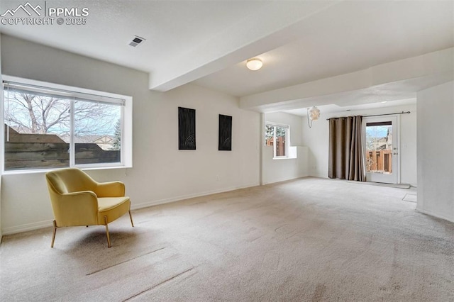 unfurnished room with beamed ceiling and light carpet