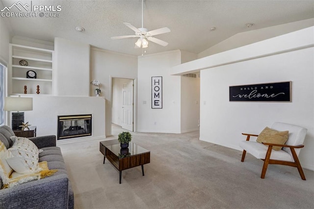 living room featuring built in features, ceiling fan, a textured ceiling, vaulted ceiling, and light colored carpet