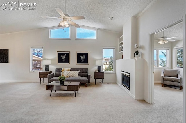 living room featuring light carpet, a wealth of natural light, and a textured ceiling