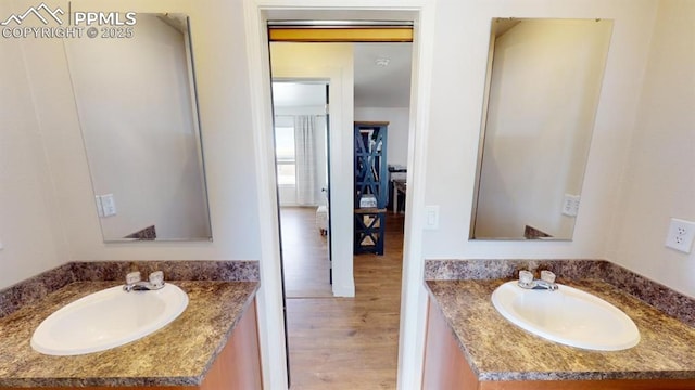 bathroom with vanity and hardwood / wood-style floors