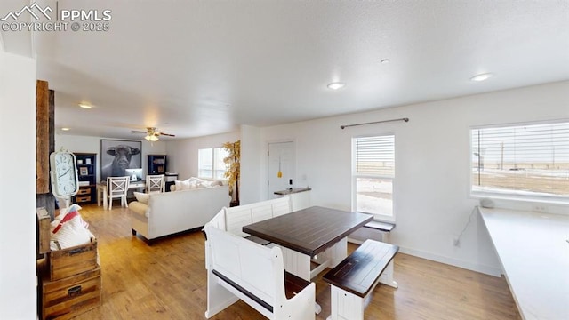 dining space featuring ceiling fan, light hardwood / wood-style flooring, and a wealth of natural light