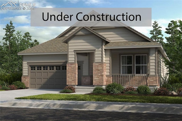 view of front facade featuring covered porch, stone siding, a shingled roof, an attached garage, and driveway