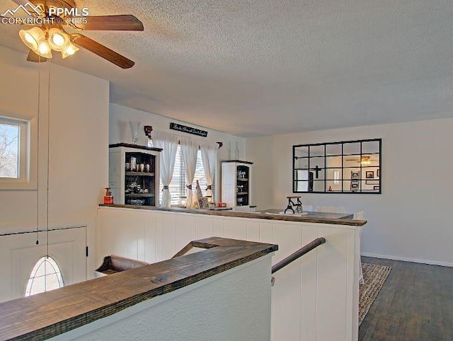 kitchen with white cabinetry, a textured ceiling, and dark hardwood / wood-style floors