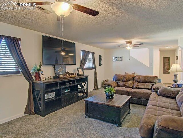 living room featuring a textured ceiling, a healthy amount of sunlight, and carpet floors