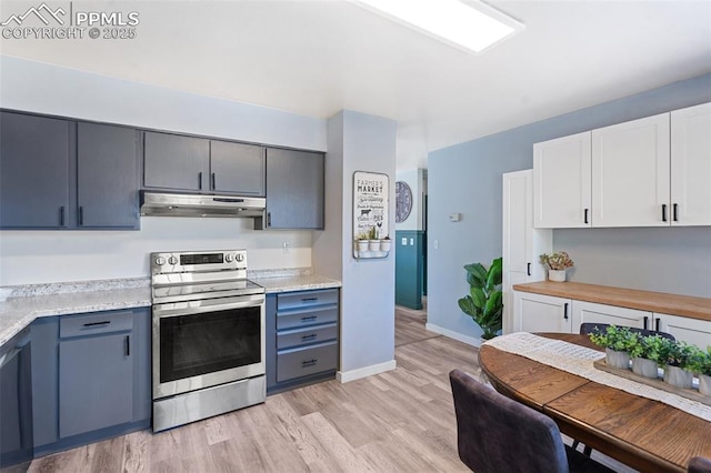 kitchen featuring white cabinets, light hardwood / wood-style flooring, blue cabinets, and stainless steel range with electric cooktop