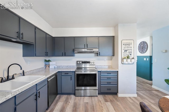 kitchen with light hardwood / wood-style floors, sink, and stainless steel appliances