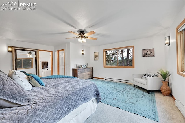 bedroom featuring ceiling fan, baseboard heating, and light carpet