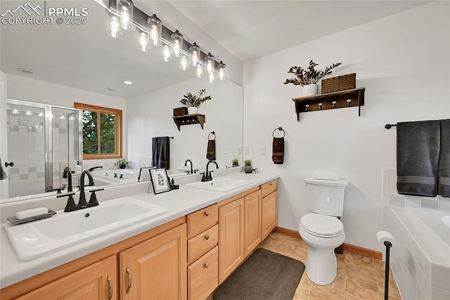 bathroom with toilet, a shower with door, and vanity