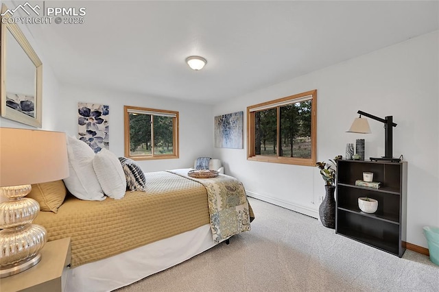 bedroom with baseboard heating and carpet flooring