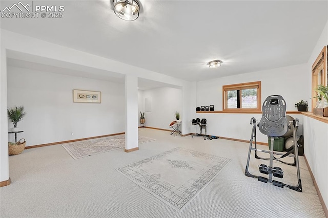 exercise area featuring light colored carpet