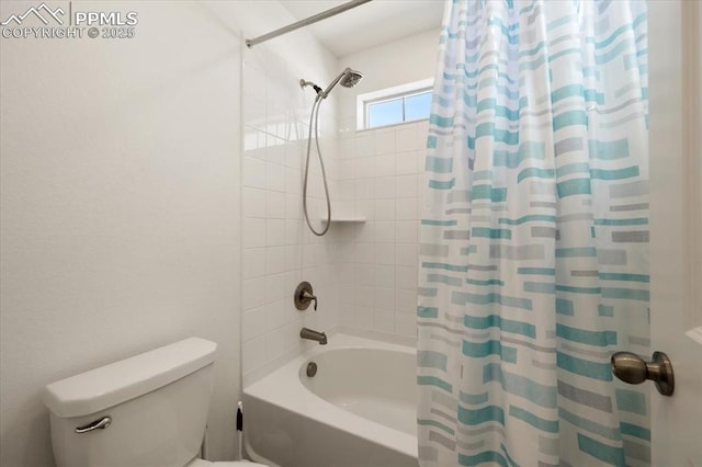 full bathroom with shower / bath combination with curtain and toilet