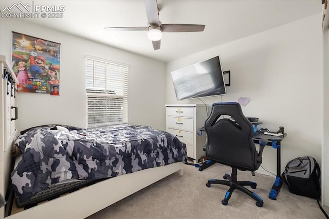 bedroom with light colored carpet and ceiling fan