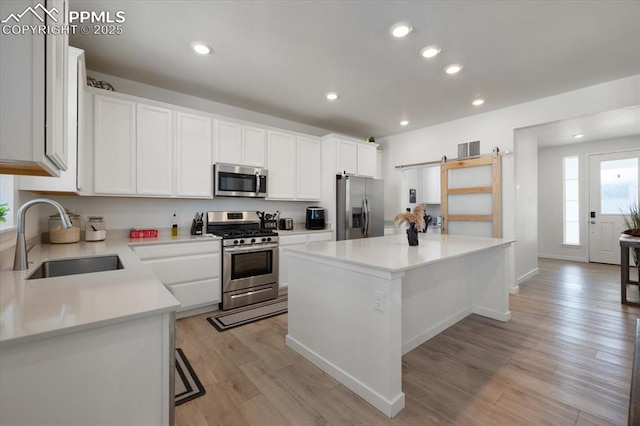 kitchen featuring a center island, a barn door, appliances with stainless steel finishes, a sink, and light wood-type flooring