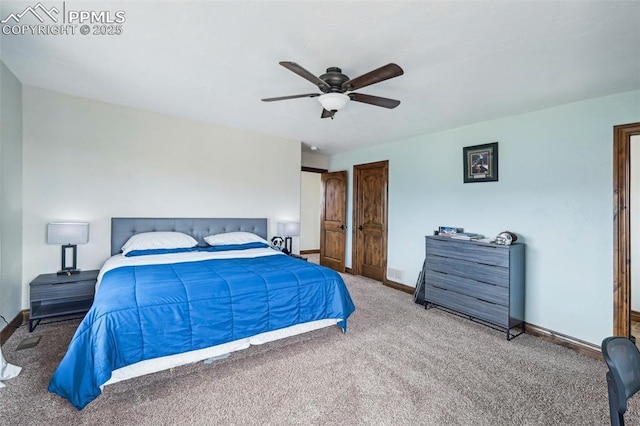 bedroom with ceiling fan and carpet floors