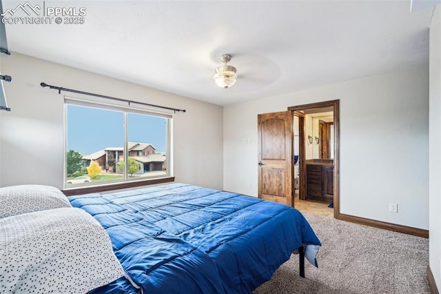 bedroom featuring ceiling fan and light colored carpet