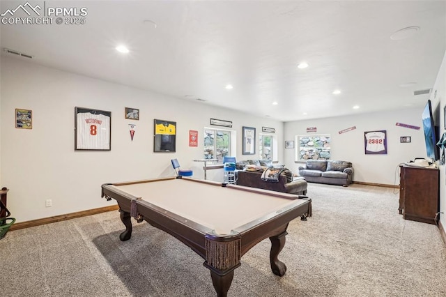 recreation room featuring light carpet and pool table