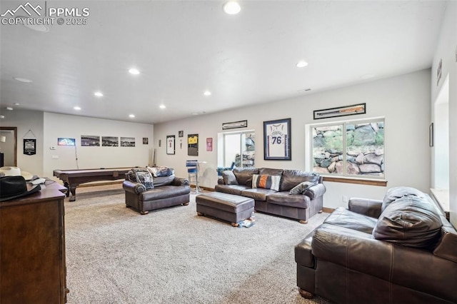 living room with light colored carpet and billiards