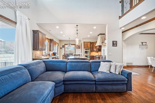 living room with dark wood-type flooring and plenty of natural light