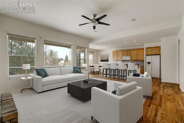 living room featuring wood-type flooring and ceiling fan