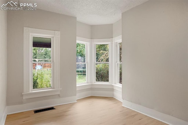 spare room with a textured ceiling and light hardwood / wood-style floors