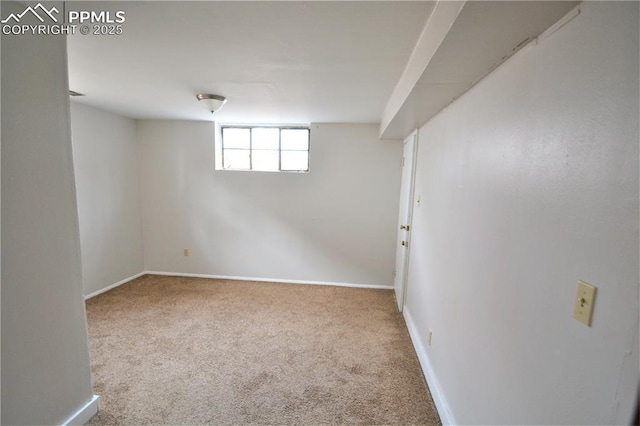 basement featuring light carpet