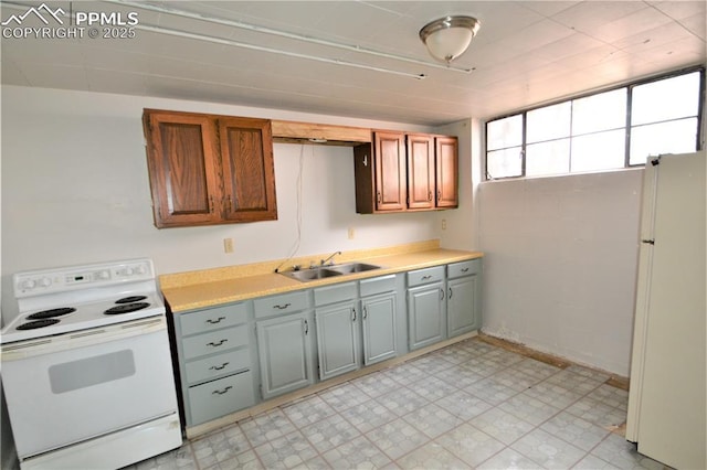 kitchen featuring gray cabinets, sink, and white appliances