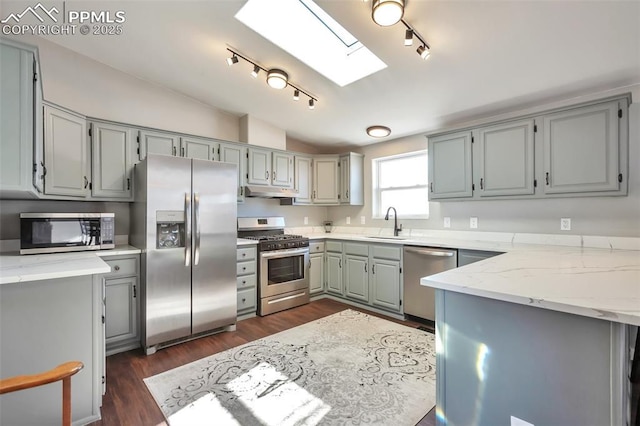 kitchen with light stone countertops, dark wood-type flooring, stainless steel appliances, sink, and lofted ceiling with skylight