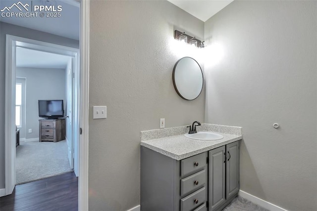 bathroom featuring hardwood / wood-style flooring and vanity